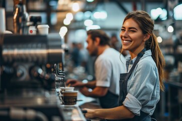 Fototapeta na wymiar smiling attractive woman female barista in apron uniform ready to service making coffee for customer with cheerful and happiness in small relax coffeeshop retail cafe store businesss concept