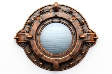 Obraz premium Modern metal porthole mirror on a clean white wall, perfect for interior design projects