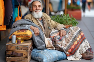Elderly homeless man wrapped in a blanket, seated on pavement, surrounded by personal belongings, city life moving around. Aged individual rests on urban ground, comforted by warm textiles