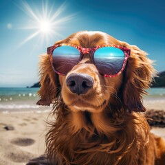 A cute dog wearing sunglasses enjoying the sunny beach. Perfect for summer vacation themes