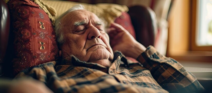 An elderly man reclining on a couch with his eyes closed, peacefully taking a nap.