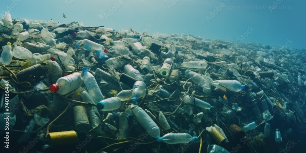 Poster plastic bottles floating in the ocean, suitable for environmental concepts