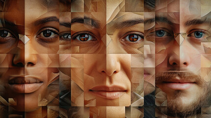 Double exposure portrait of a man and a woman combined with a mosaic of geometric shapes