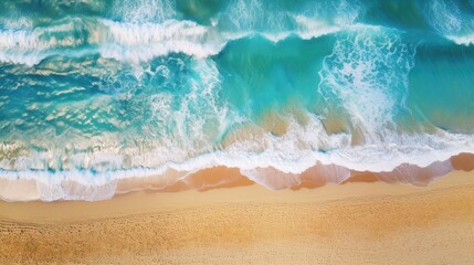 Beach and waves from above. Turquoise water background with top view. Summer seascape from the air. - obrazy, fototapety, plakaty
