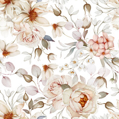 Seamless pattern with bouquets of flowers. Spring roses in watercolor style - 740166456