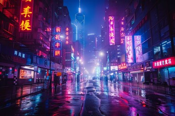 Neon-lit street reflecting on wet pavement, with illuminated signs and an urban skyline. Drenched in neon, this city thoroughfare glistens post-rain with vivid signage and a modern skyscape - obrazy, fototapety, plakaty