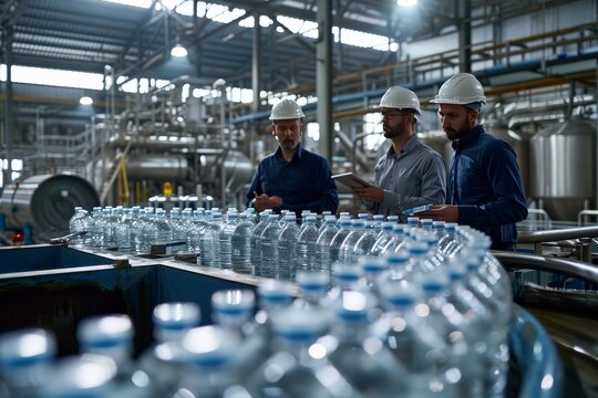Modern factory process with team of service engineer in a water filtration control room and using a tablet computer to check process of raw water filtration for mineral water bottling production line