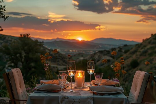Romantic dinner setting with two wine glasses, lantern, and bouquet against a sunset backdrop. Evening meal tableau featuring stemware, candlelight, and wildflowers overlooking a tranquil sundown.