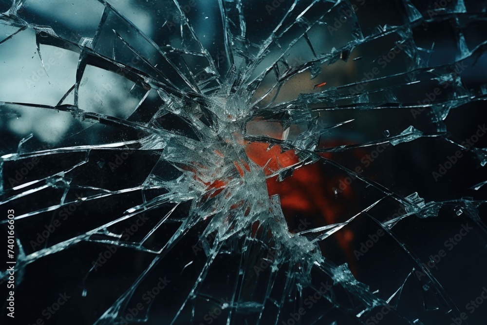 Aufkleber A broken glass window with a red object in the background. Suitable for crime scene or vandalism concepts