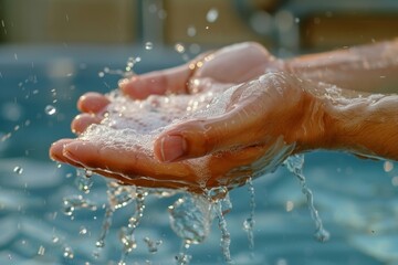 Fototapeta premium Doctor's hands washing meticulously, Gloved hands under stream of water, displaying thorough cleansing in clinical setting. Latex-clad fingers scrubbed vigorously, hygiene protocol in medical