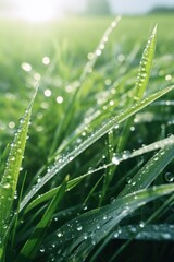 Fototapeta na wymiar Fresh green grass with sparkling water droplets, ideal for nature backgrounds