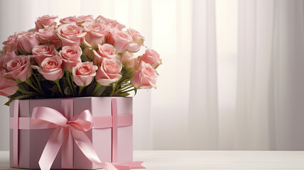 Pink gift box and bouquet of roses on a table with white curtains in the background.