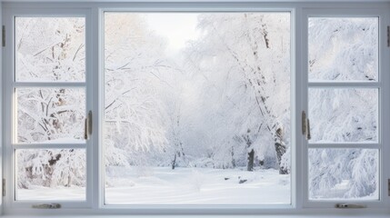 A picturesque view of a snowy forest through a window. Ideal for winter-themed designs