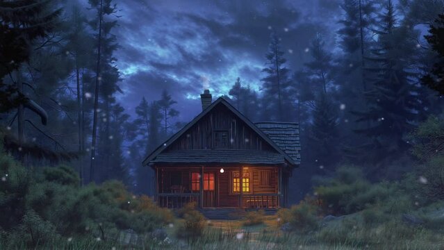 Fantasy Traditional house raining mist nature and night sky animation background