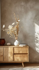 Wooden chest of drawers with dried flowers in vase on grey wall background