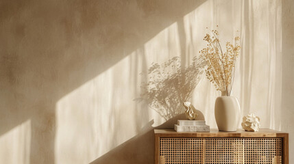 Interior of modern living room with beige wall, wooden chest of drawers, vase with dried flowers and plant. Copy space .