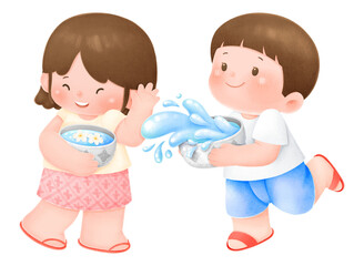 Songkran festival. kids enjoy splashing water