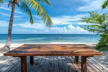 Tropical beach setting with a wooden table as the focal point Ideal for product displays or creative montage against the backdrop of sea and sky.