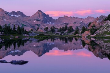 Twilight glow over a serene mountain lake Reflecting the first light of dawn on its surface.