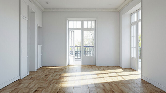 Empty white room with window and parquet floor .