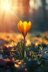 The petals, colors, and textures of the crocus flower are highlighted, creating a mesmerizing and...