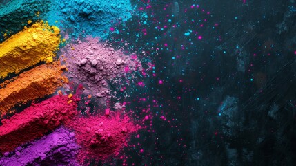 Colored scattering of multi-colored powder on a dark background. Holi celebration concept in India	

