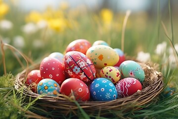 Fototapeta na wymiar Easter eggs in a basket on grass, ideal for Easter holiday designs