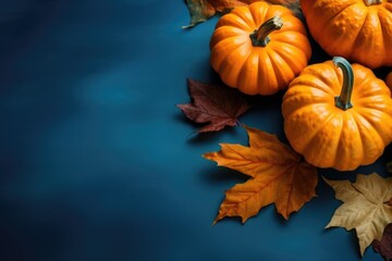 Pumpkins and leaves on a blue background, suitable for autumn themes