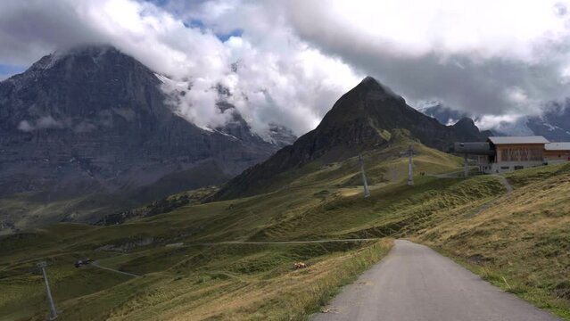 A panoramic view of the Grindelwald Valley from the Mannlichen view point near the Interlaken region of Switzerland.