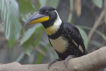 A striking black and white bird sits gracefully on a tree branch, its feathers contrasting beautifully against the natural backdrop