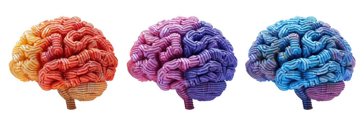 Three detailed human brain models in vibrant orange, purple, and blue colors.