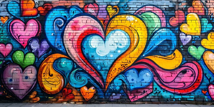 Naklejki Colorful street art mural with abstract pop art heart background design. Concept Street Art, Mural, Abstract, Pop Art, Heart Background Design