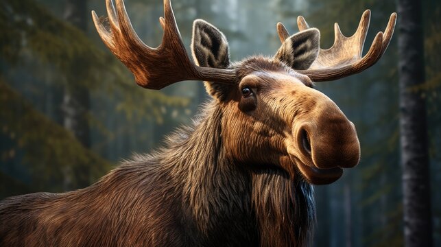 A close up image of a moose in a forest. Suitable for wildlife or nature themes