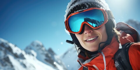 Fototapeta na wymiar A woman wearing ski goggles and a red jacket. Perfect for winter sports promotions