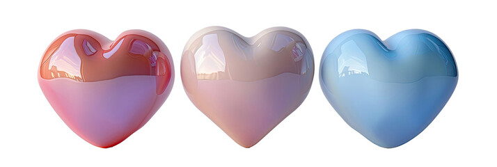 Three stylized human hearts in translucent shades of red, white, and blue.