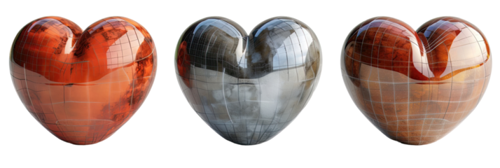 Three heart-shaped pieces with distinct textures on a black background, in red, gray, and brown tones.