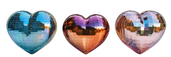 Three reflective hearts in shades of blue, orange, and pink with a mirrored finish