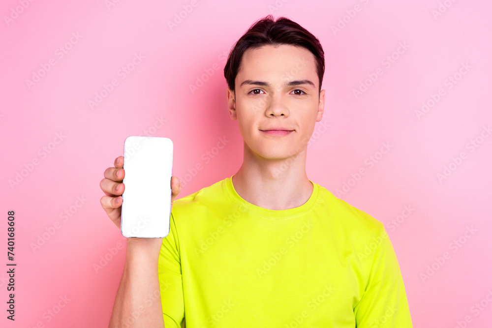 Sticker photo portrait of pretty teen man hold white screen telephone dressed stylish yellow clothes isolate