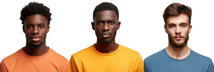 Three men with different skin tones wearing colorful shirts