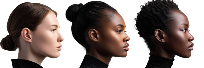Three side profiles of women with diverse hair textures and skin tones