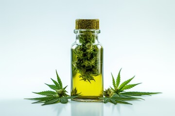 Glass bottle filled with cannabis oil and leaves, ideal for health and wellness concepts