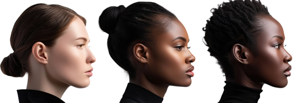 Three side profiles of women with diverse hair textures and skin tones