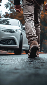 Cropped image of man walking on the road with car on background