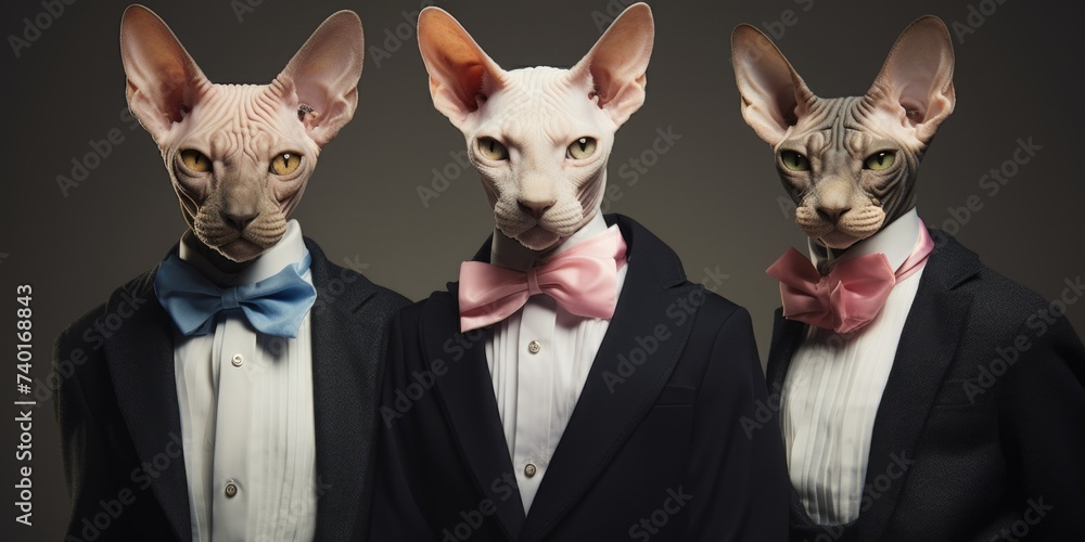 Poster three cats dressed in formal suits and bow ties. suitable for business or formal event concepts