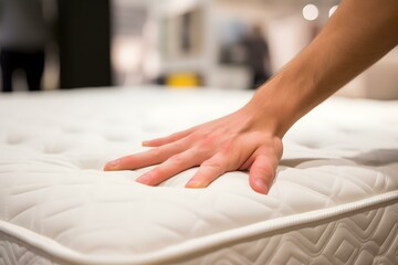 Testing Mattress Responsiveness: Applying Pressure with Hands in Store. Concept Mattress Quality, In-Store Testing, Hand Pressure Test, Comfort Level, Store Comparison - obrazy, fototapety, plakaty