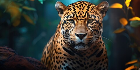 Close up of a leopard looking directly at the camera. Suitable for wildlife or animal themes