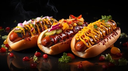 Two Hot Dogs With Toppings on a Black Surface