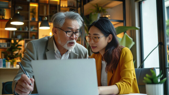 Senior asian man and woman working with laptop in coffee shop .