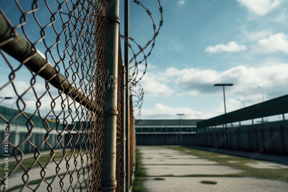Poster a chain link fence with barbed wire for added security. perfect for illustrating security measures o