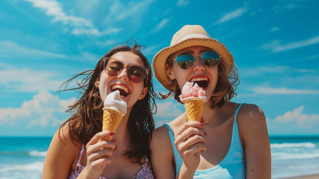 Two women eating ice cream at the beach - Powered by Adobe